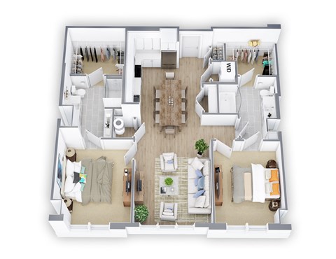 Floor plan for 2 beds, 2 baths, 1077 sqft
